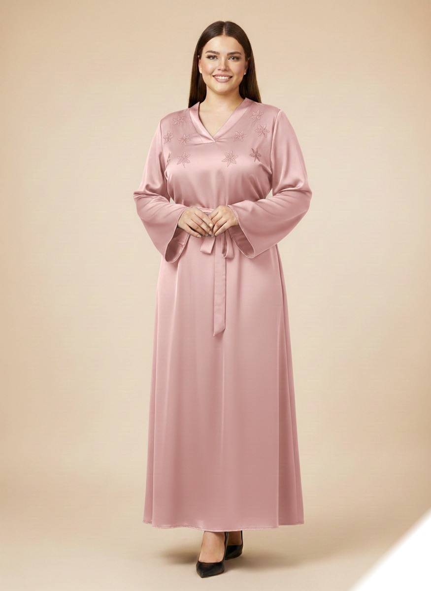 Großhändler Lusa Mode - Langes, einfarbiges Satin-Abaya-Kleid mit Blumenstickerei und Gürtel