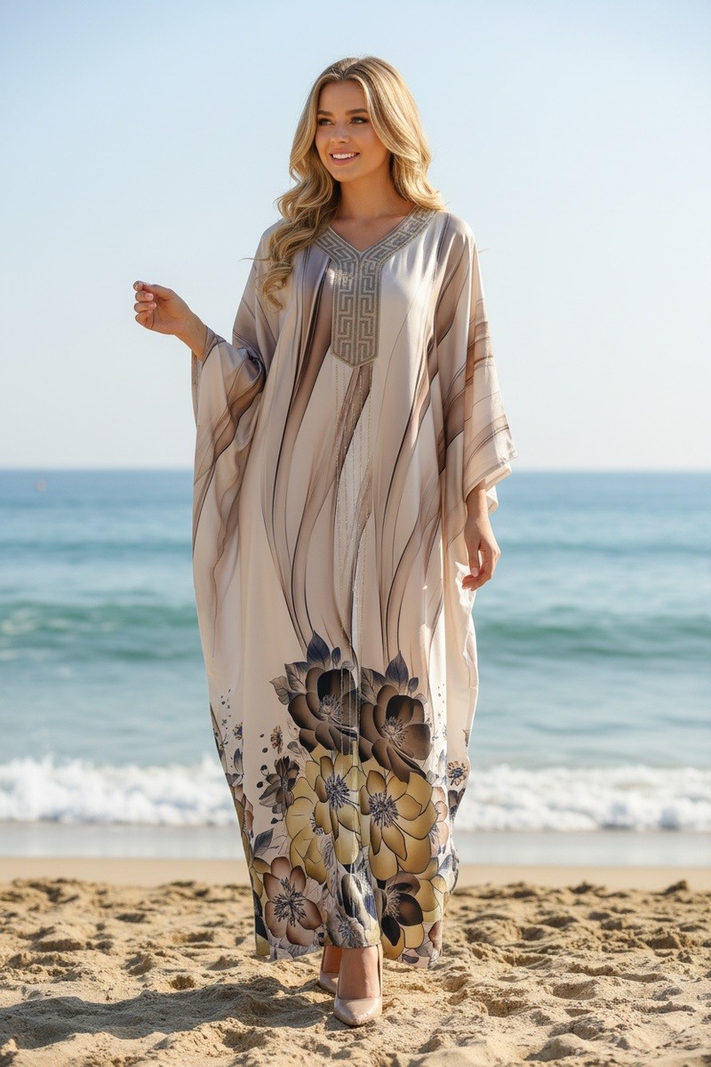 Großhändler Lusa Mode - Ärmelloses langes Kleid aus Satin mit abstraktem Print, Futter und Strass
