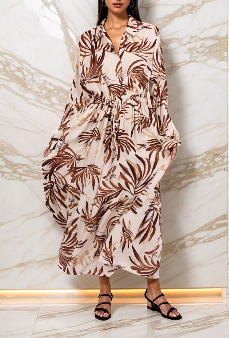 Wholesaler Lusa Mode - Long leaf print dress with adjustable belt