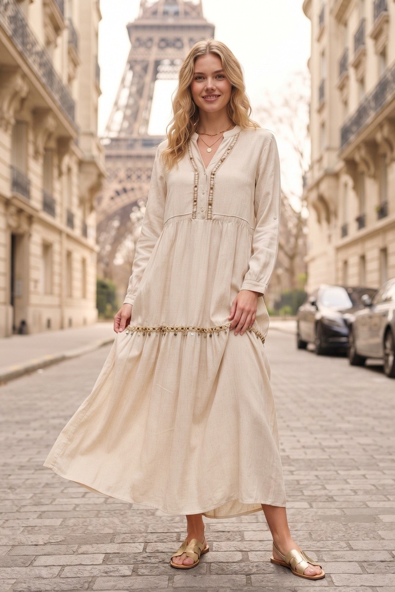 Wholesaler Lusa Mode - Long bohemian linen dress with adjustable belt and seashell detail