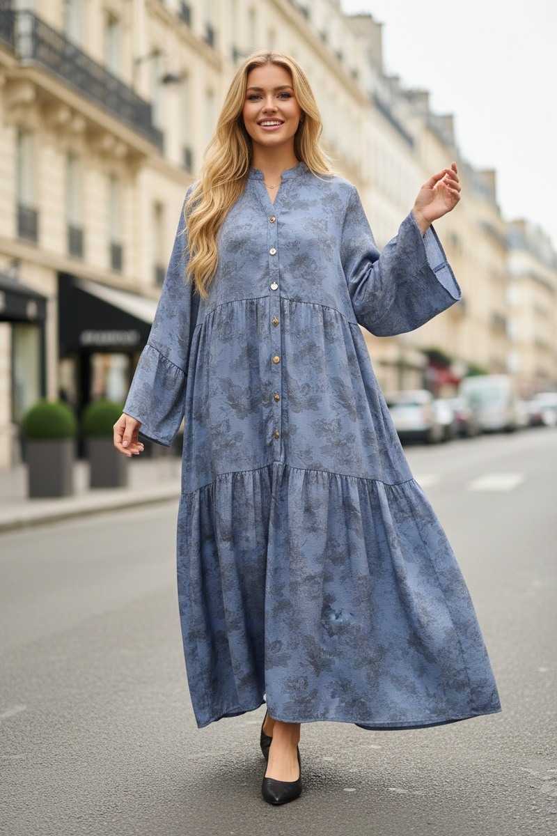 Wholesaler Lusa Mode - Long satin dress with a floral print and subtle sequined effect