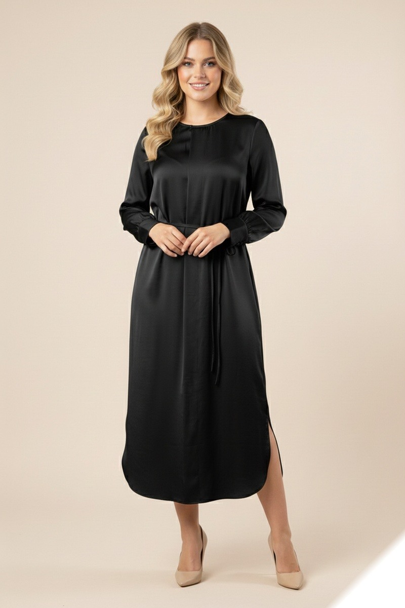 Mayorista Lusa Mode - Vestido satinado elegante y liso con cinturón