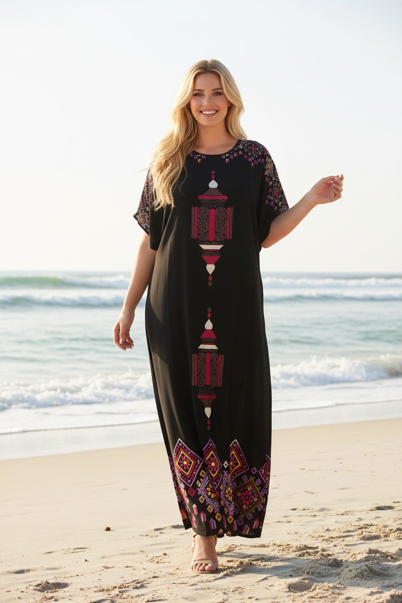 Großhändler Lusa Mode - Bequemes langes Kleid mit Druck und kurzen Ärmeln