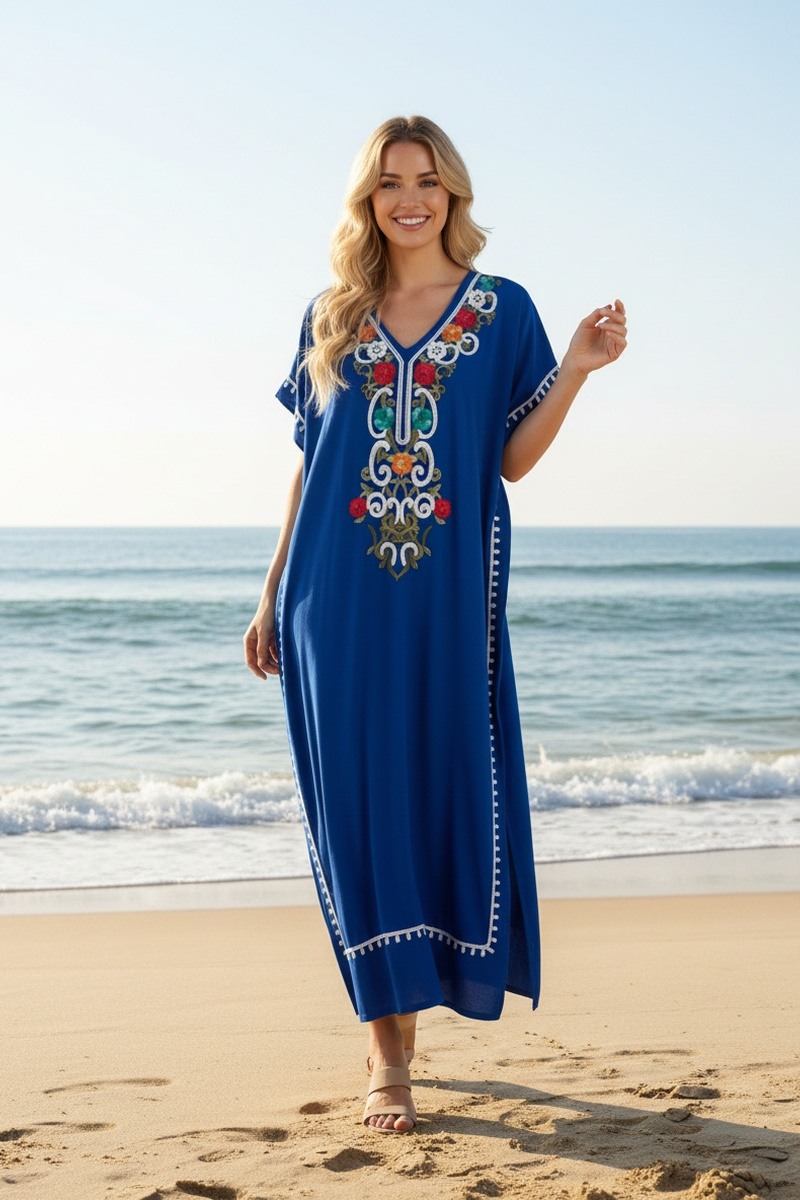 Großhändler Lusa Mode - Langes einfarbiges Gandoura-Kleid mit Blumenstickerei