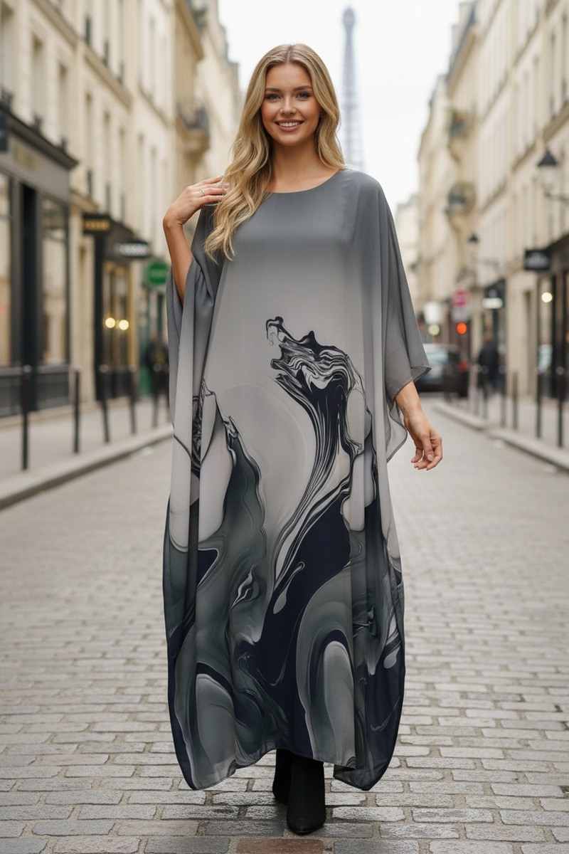 Grossista Lusa Mode - Abito maxi senza maniche con stampa astratta in tessuto crepe con fodera e strass