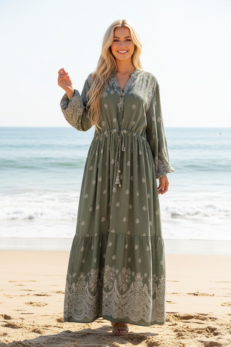 Großhändler Lusa Mode - Langes Yasmina-Kleid mit stickereiartigem Druck aus Lyocell-Stoff