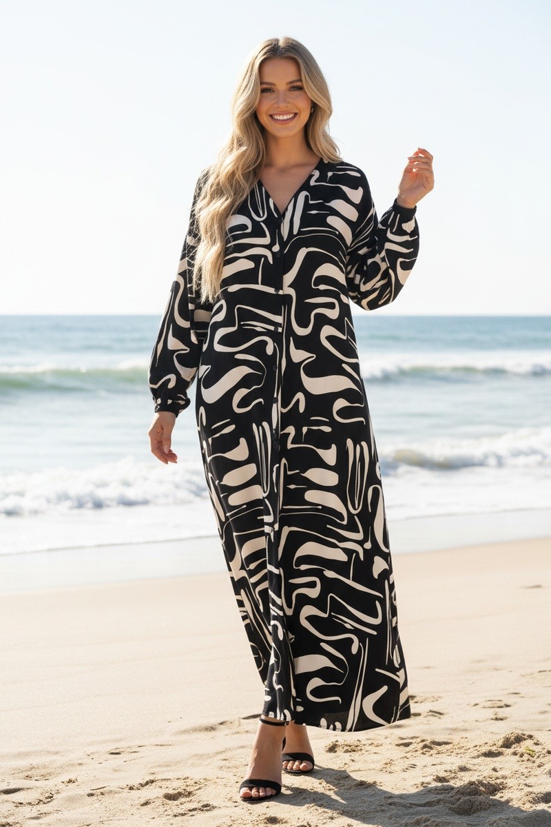Großhändler Lusa Mode - Langes Hemdblusenkleid mit abstraktem Druck und V-Ausschnitt
