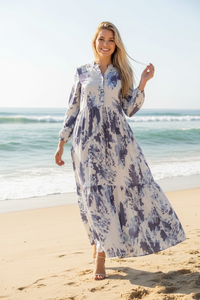 Grossiste Lusa Mode - Robe longue imprimée abstraite avec ceinture ajustable