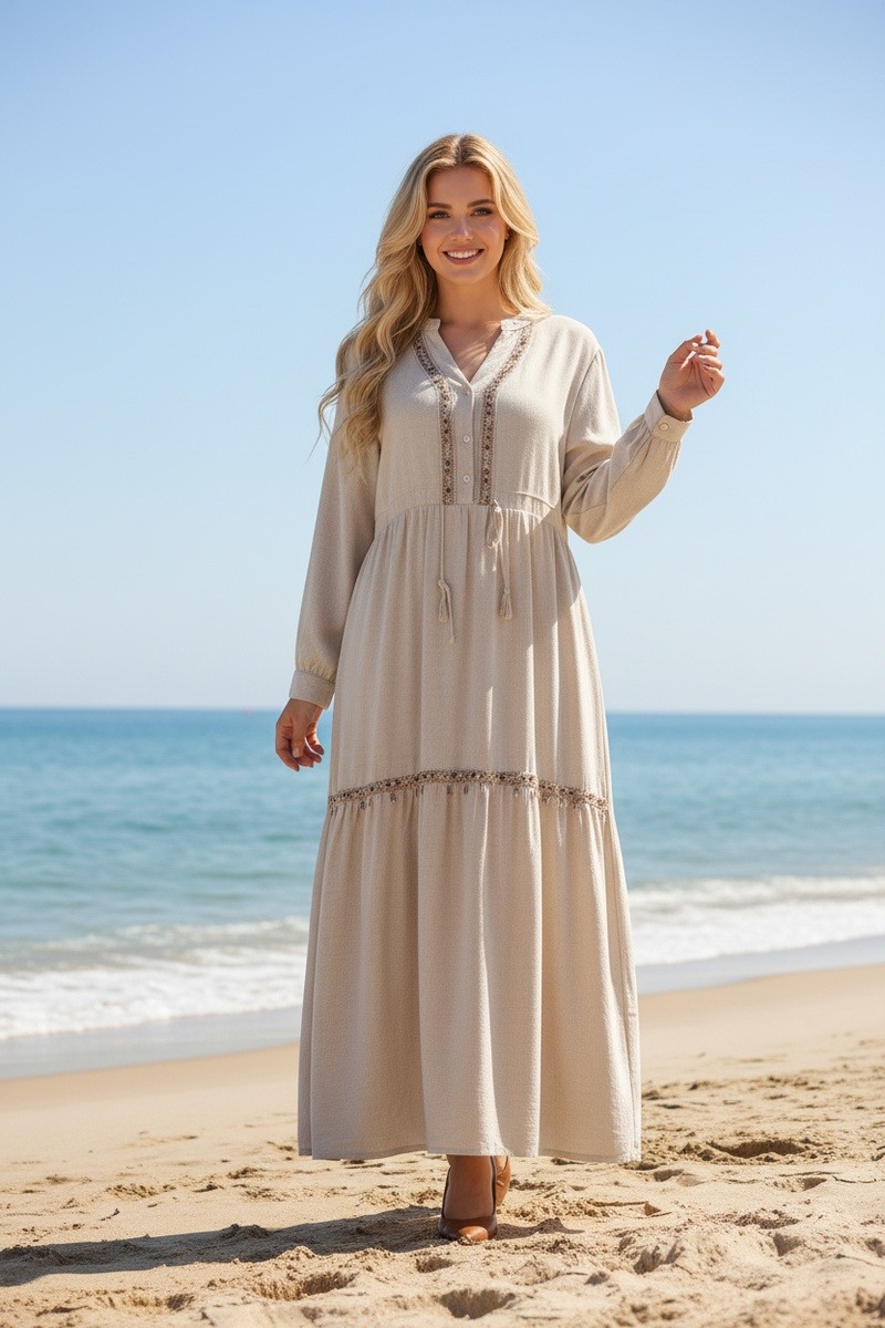 Großhändler Lusa Mode - Langes Boho-Kleid aus Leinen mit verstellbarem Gürtel und Muscheldetail