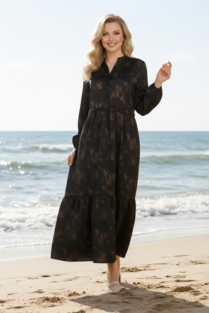 Großhändler Lusa Mode - Langes Kleid mit erhabenem Blumenmuster und verstellbarem Gürtel