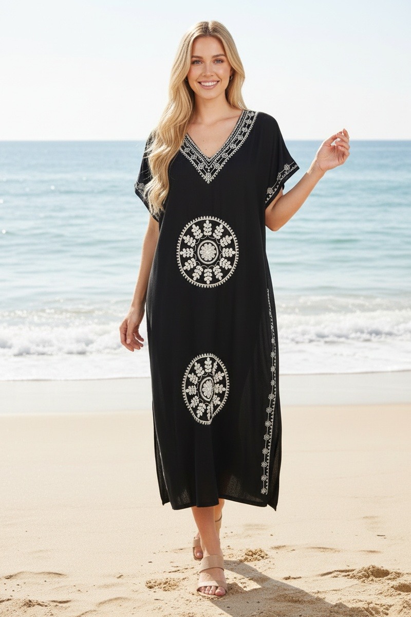 Großhändler Lusa Mode - Langes einfarbiges Gandoura-Kleid mit Blumenstickerei