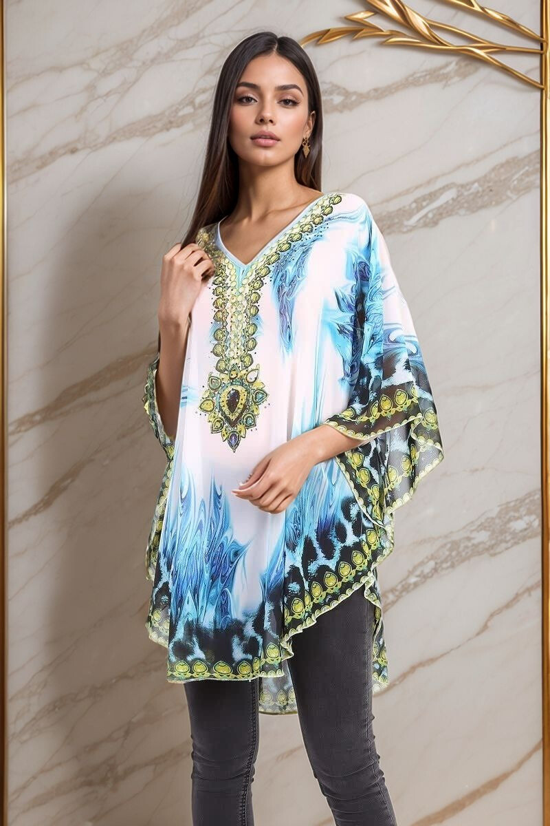 Großhändler Lusa Mode - Gedruckter Poncho mit Strasssteinen