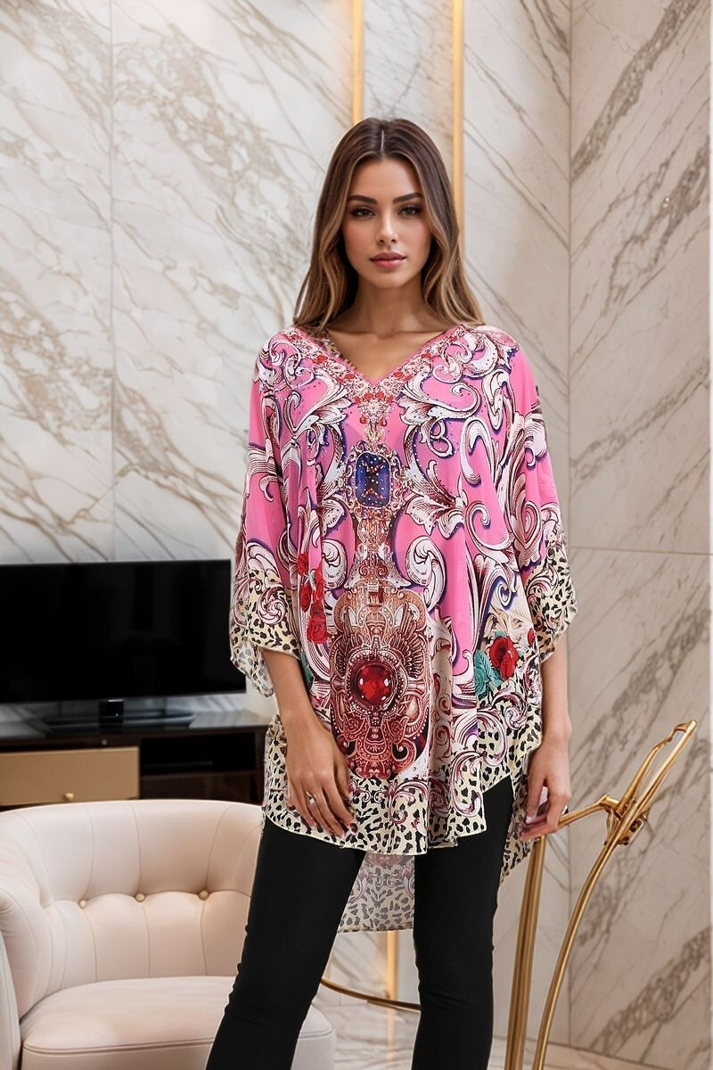 Großhändler Lusa Mode - Gedruckter Poncho mit Strasssteinen