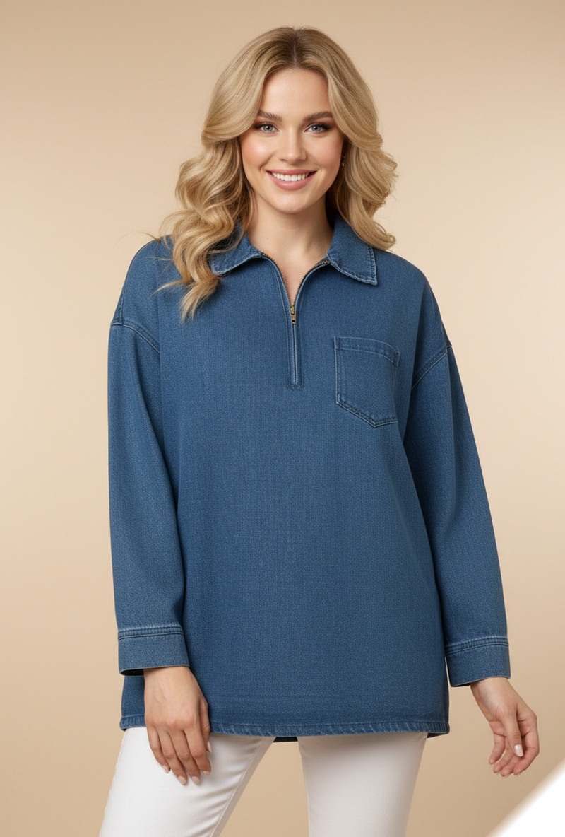 Grossiste Lusa Mode - Tunique unie en jean col chemise avec poches et fermeture éclair