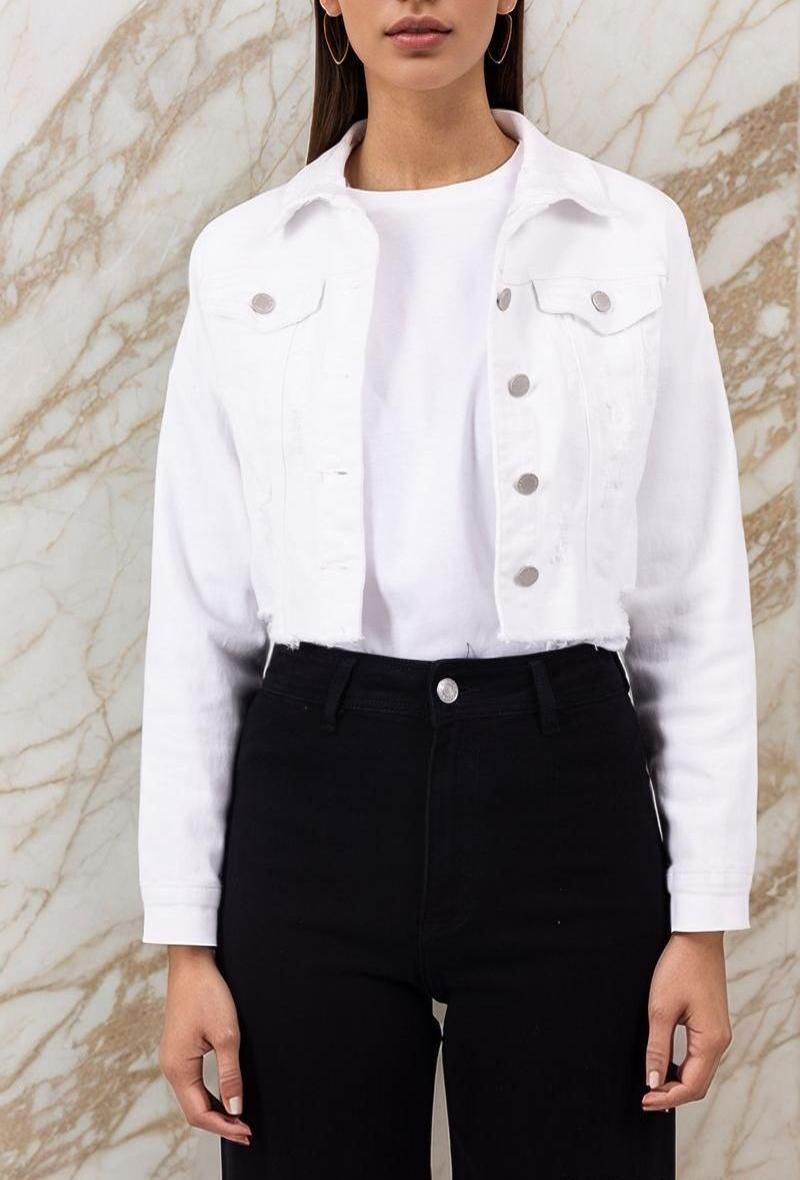 Grossiste Lusa Mode - Veste jean courte déchirée strech deux poches
