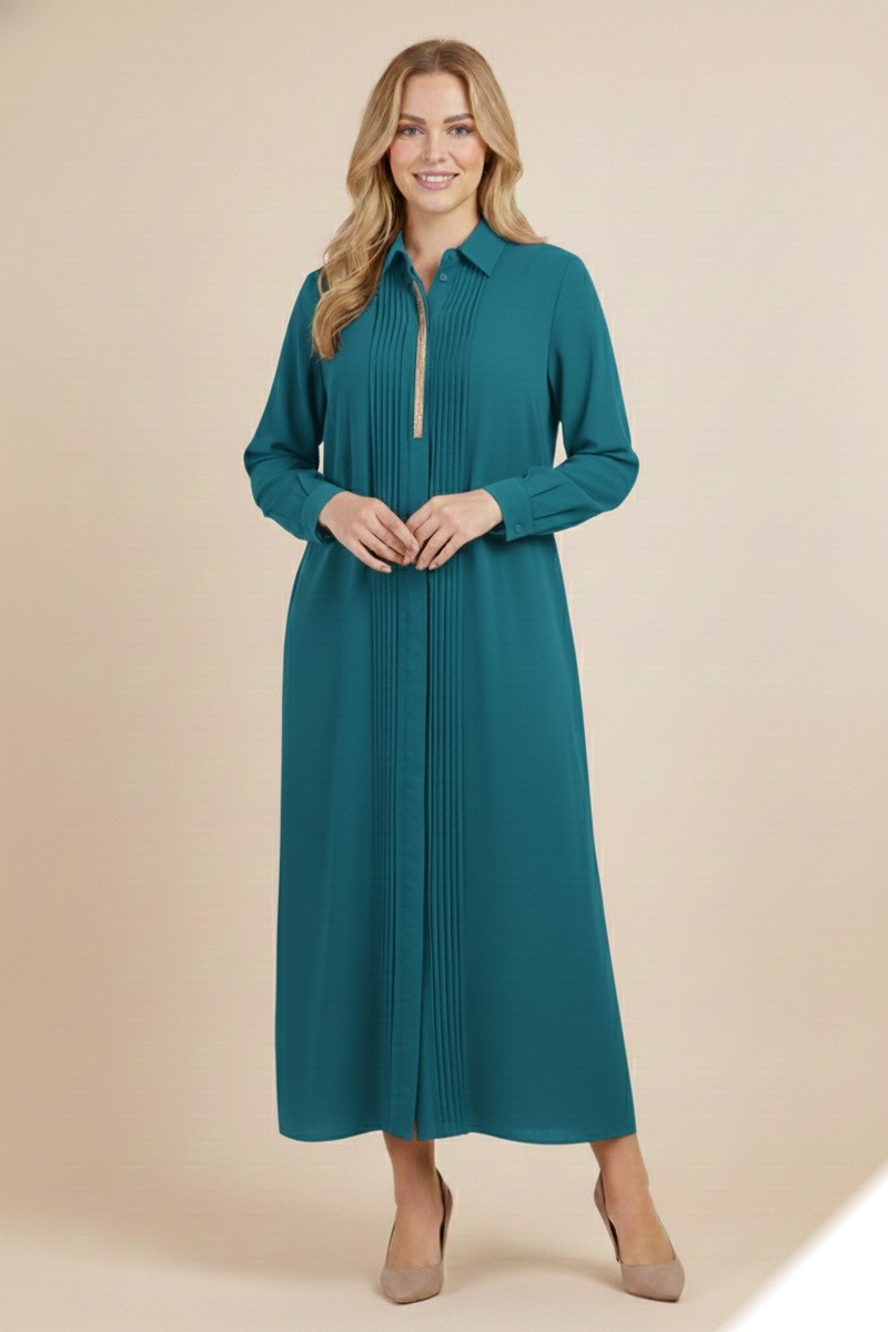 Wholesaler Lusa Mode - Long, plain shirt dress with pleats and gold detail