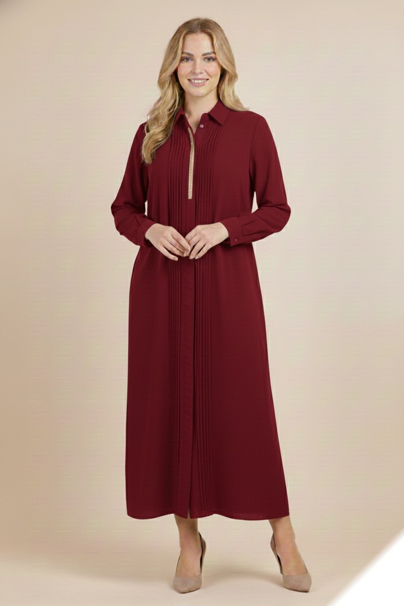 Großhändler Lusa Mode - Langes, einfarbiges Hemdkleid mit Falten und goldenen Details