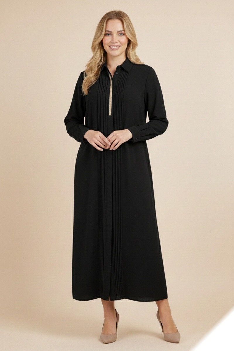 Mayorista Lusa Mode - Vestido camisero largo liso con pliegues y detalle dorado