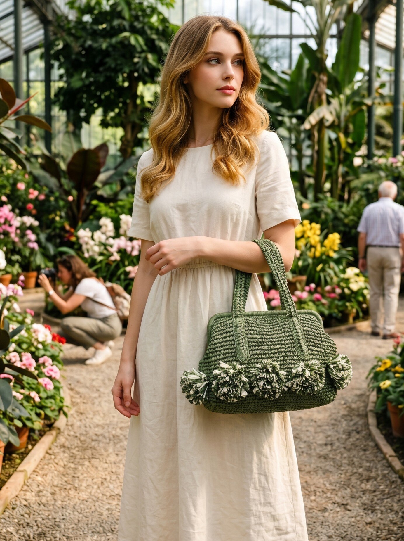 Mayorista LUX - Bolso de mano — rafia con pompones en la parte inferior — correa incluida — BOHO