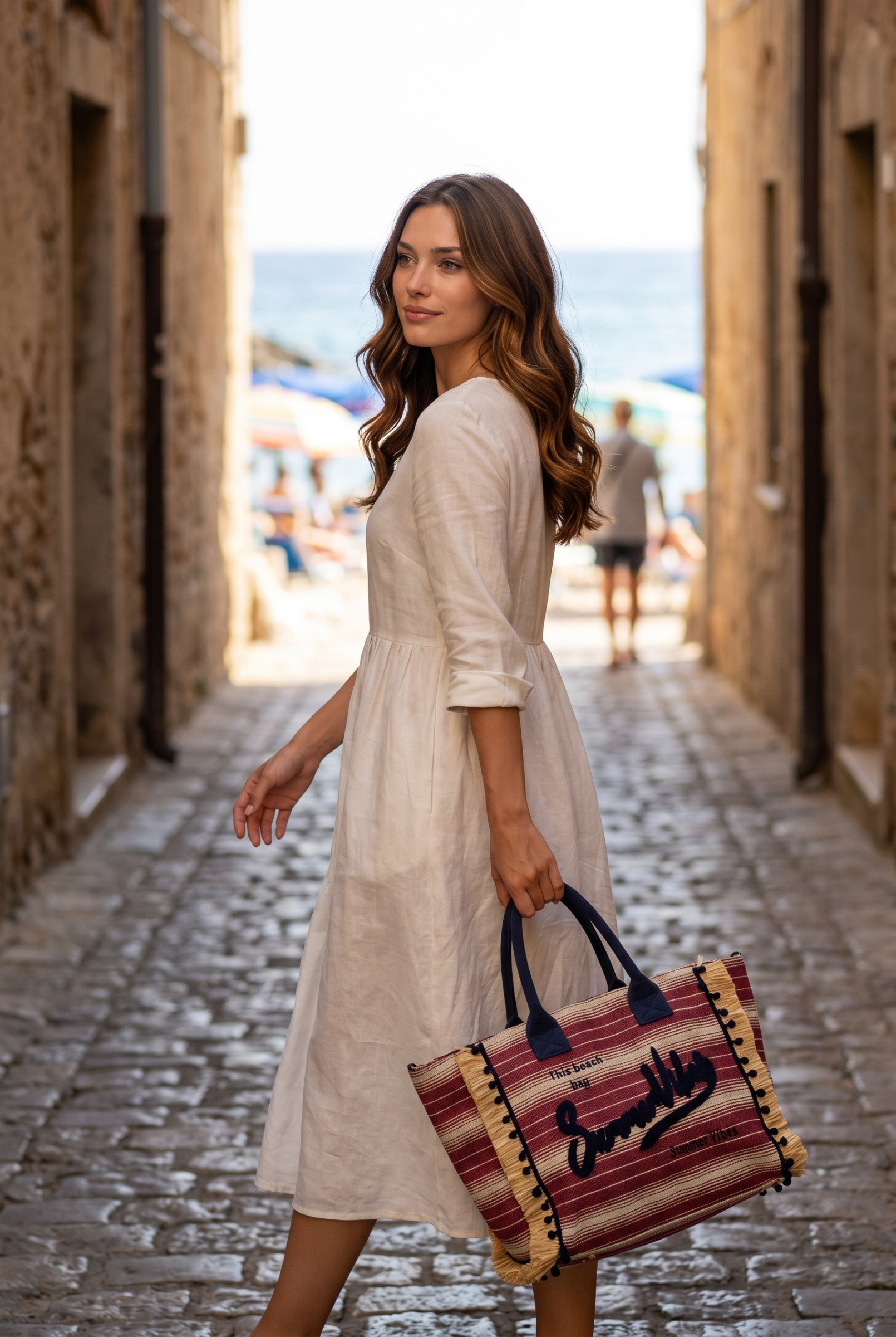Wholesaler LUX - Tote bag — SUMMER VIBES embroidered — shoulder strap included — BOHO