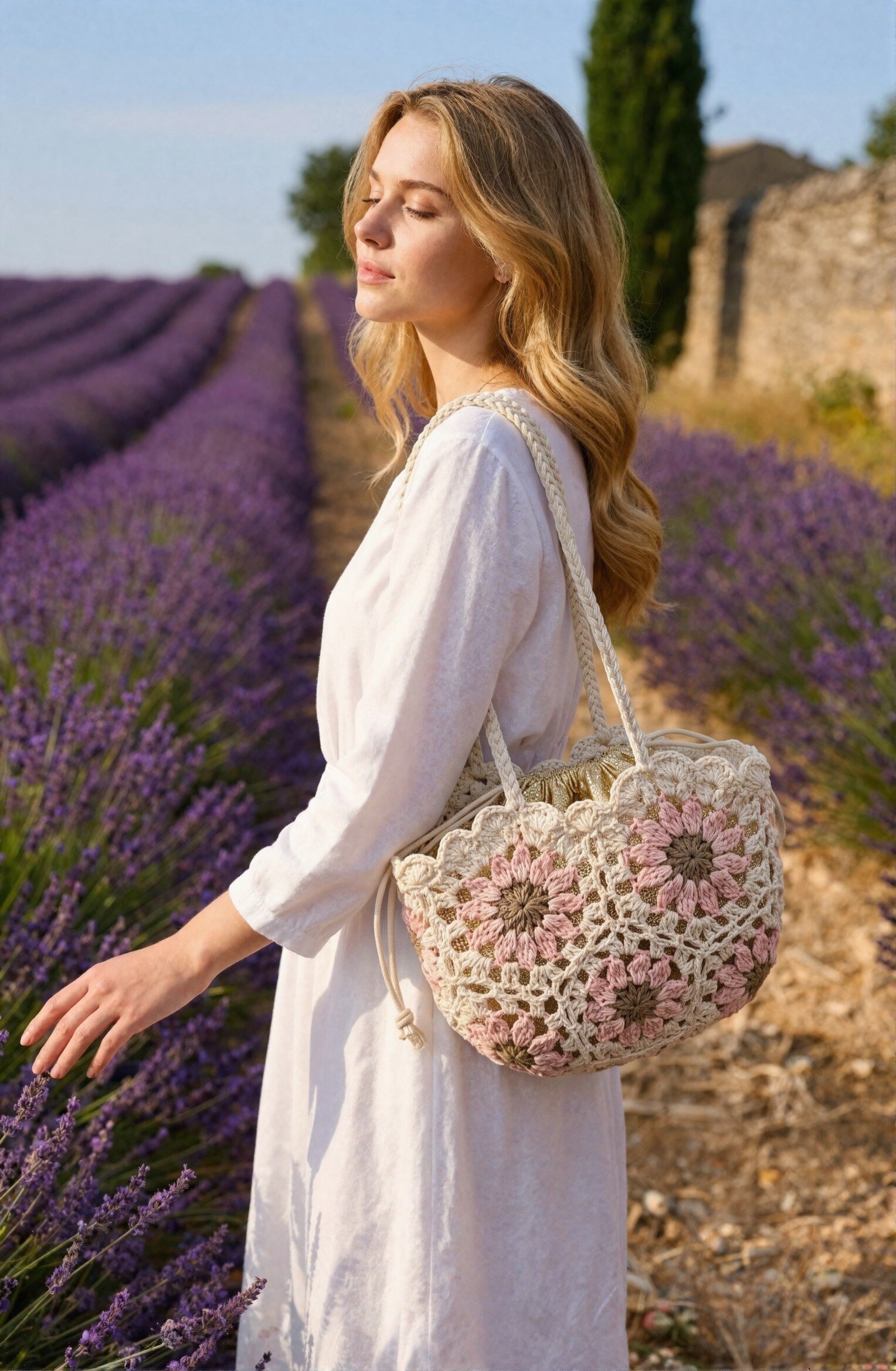 Wholesaler LUX - Tote bag — SCALLOPED burgundy CROCHET — pouch included — BOHO