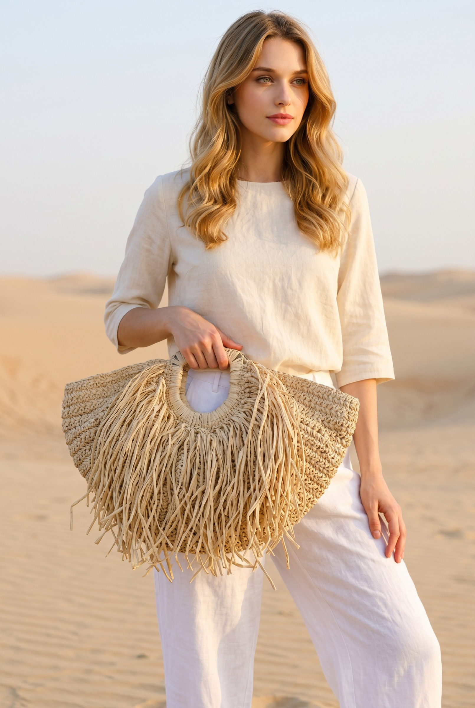 Grossiste LUX - Sac à main — raphia avec longues franges frontales — poignée découpée intégrée — BOHO
