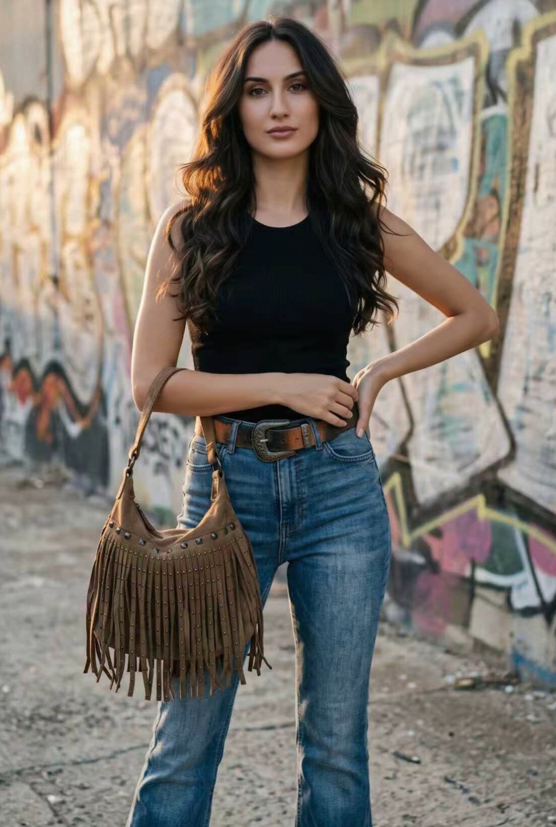 Grossiste LUX - Sac à épaule — longues franges en daim avec clous — style hobo — BOHO