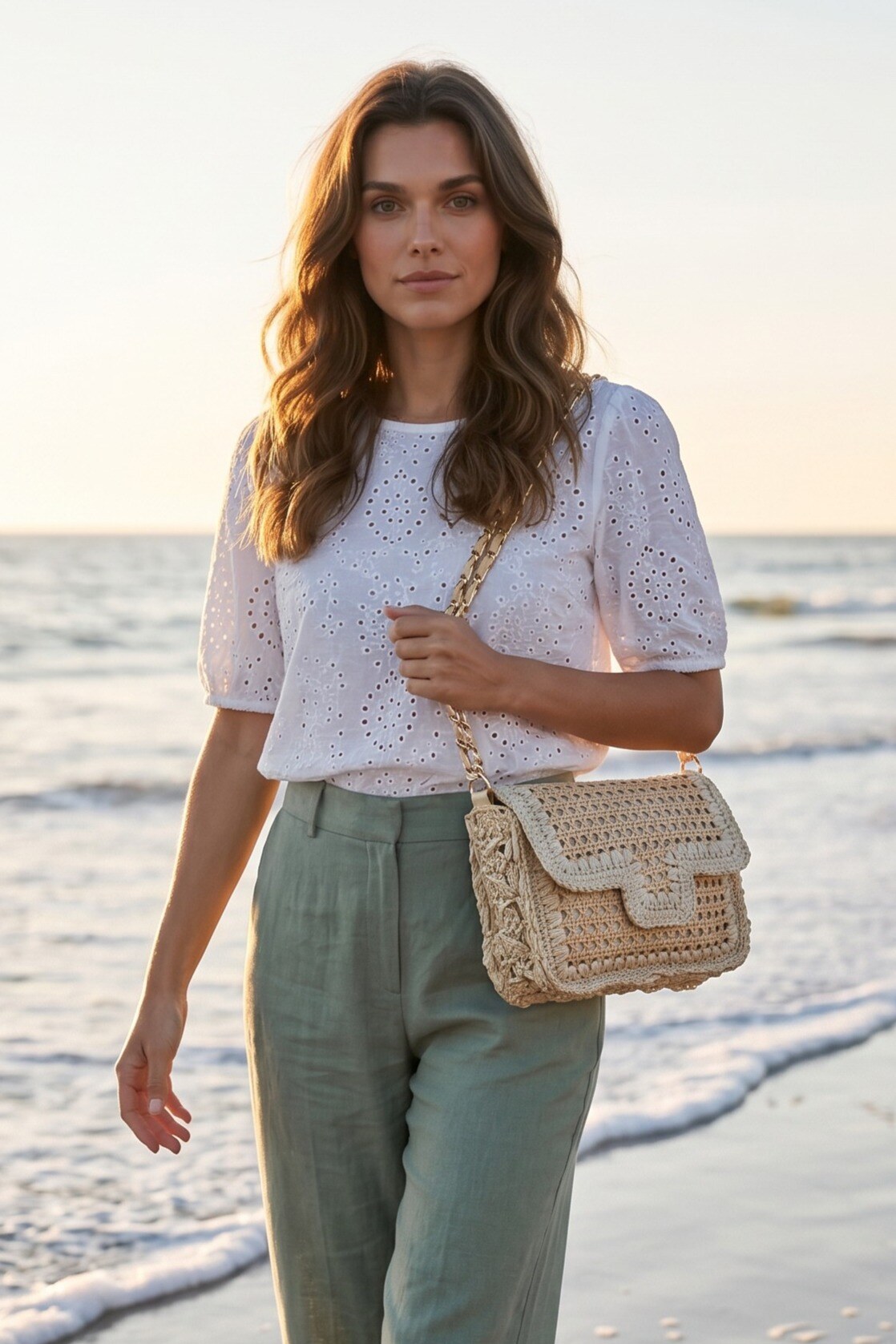 Mayorista LUX - Bolso bandolera — solapa CROCHET bicolor — cadena dorada — veraniego