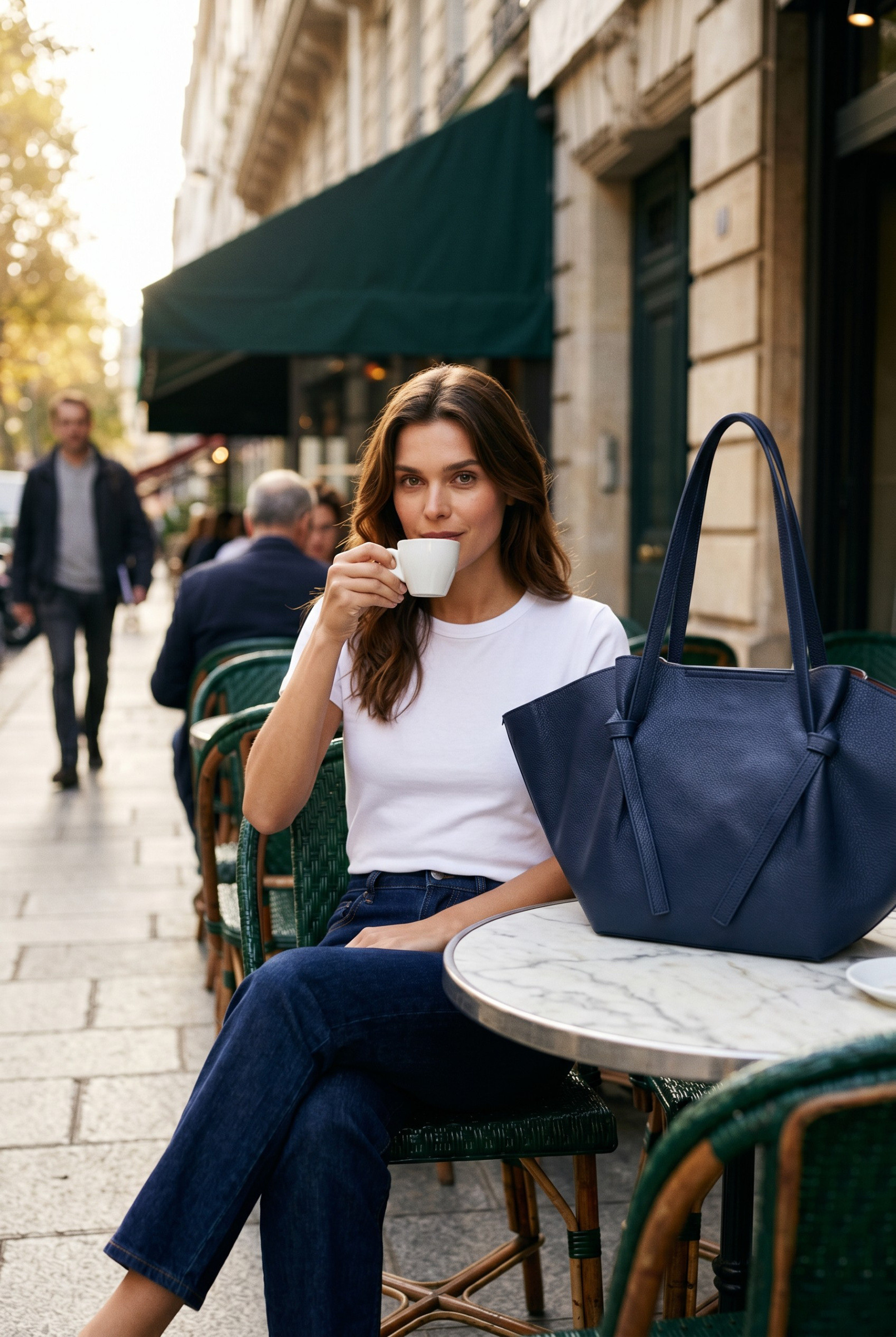 Wholesaler LUX - Shopper — hammered faux leather — origami shape with side knots — matching pouch — classic
