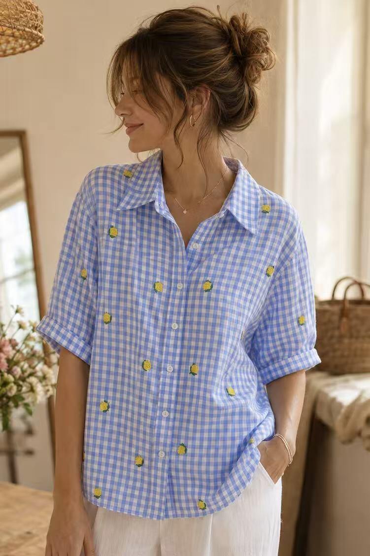 Grossista LUZABELLE Paris - Camicia Vichy Limone Ricamata – Taglio Oversize Riviera