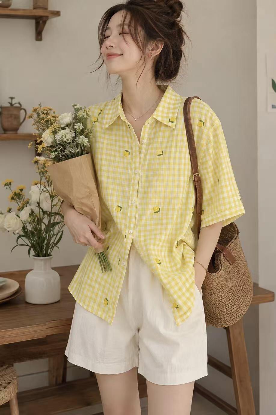 Grossista LUZABELLE Paris - Camicia Vichy Limone Ricamata – Taglio Oversize Riviera