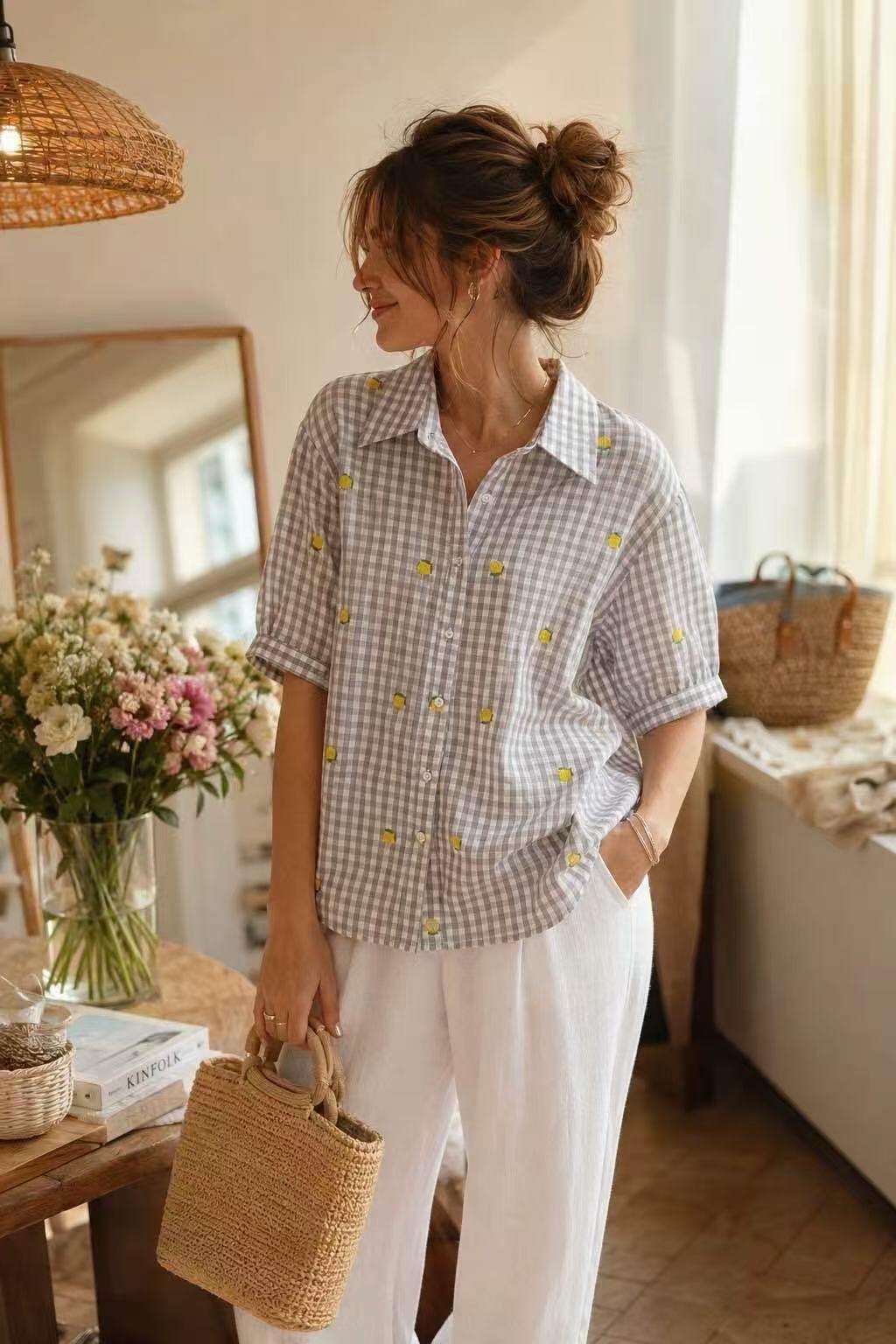 Grossista LUZABELLE Paris - Camicia Vichy Limone Ricamata – Taglio Oversize Riviera
