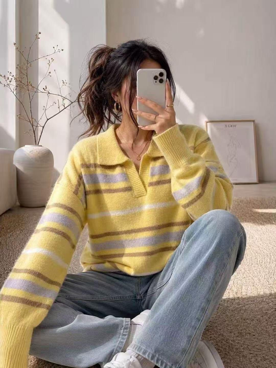 Grossiste LUZABELLE Paris - Pull Polo Rayé 20% Wool en Maille Douce