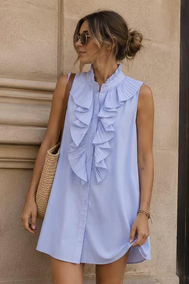 Wholesaler LUZABELLE Paris - Sleeveless Shirt Dress with Pleated Ruffles “Élise”