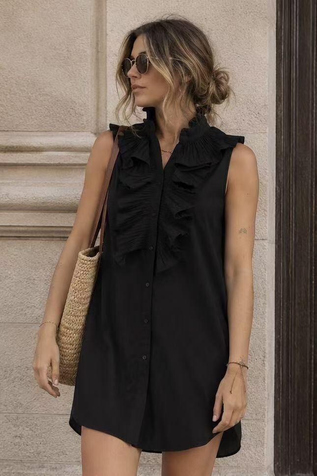 Wholesaler LUZABELLE Paris - Sleeveless Pleated Ruffle Shirt Dress “Élise”