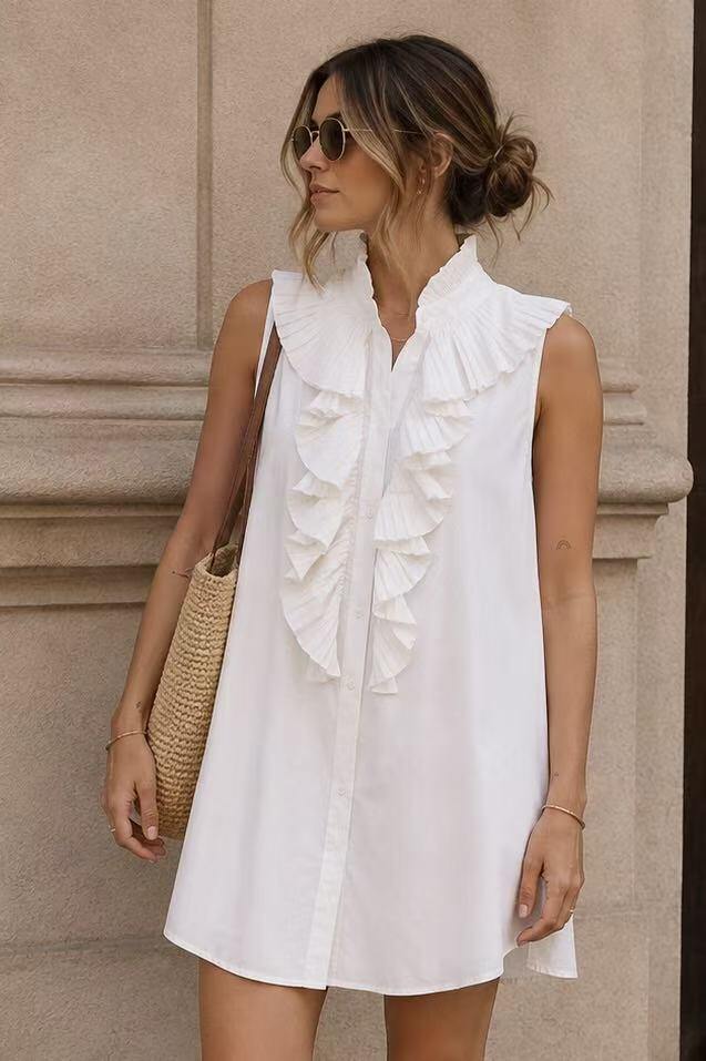 Grossiste LUZABELLE Paris - Robe Chemise Sans Manches Volants Plissés “Élise”