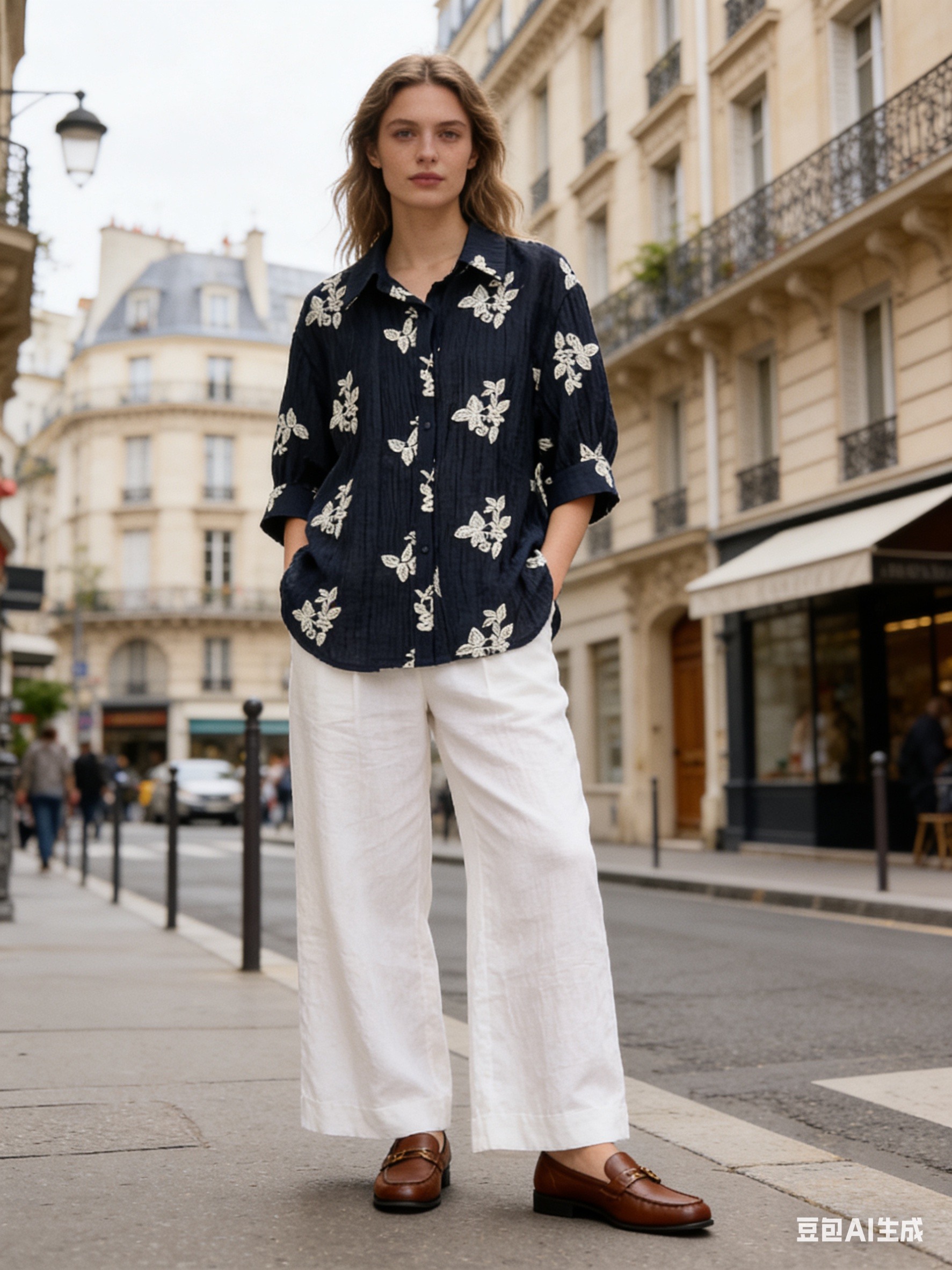 Wholesaler LUZABELLE Paris - White Embroidered Navy Shirt – Floral Elegance