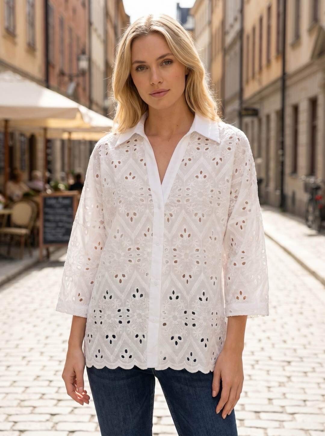 Großhändler LUZABELLE - Weißes Premium-Broderie-Anglaise-Hemd – fließende Version und natürliche Eleganz