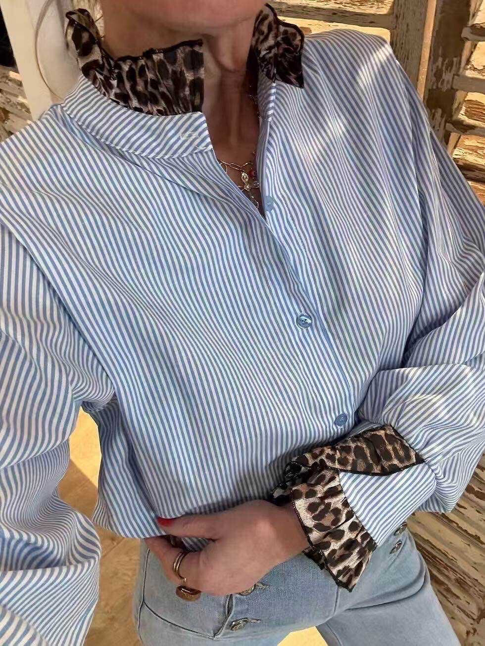 Großhändler LUZABELLE - Blau gestreifte Bluse Details Leopard in Baumwolle