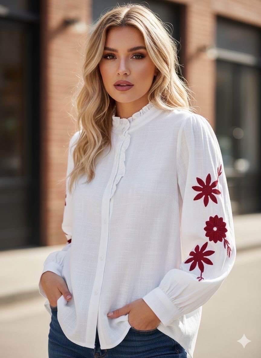 Wholesaler LUZABELLE Paris - White Blouse with Red Embroidery – Modern Elegance in 100% Cotton