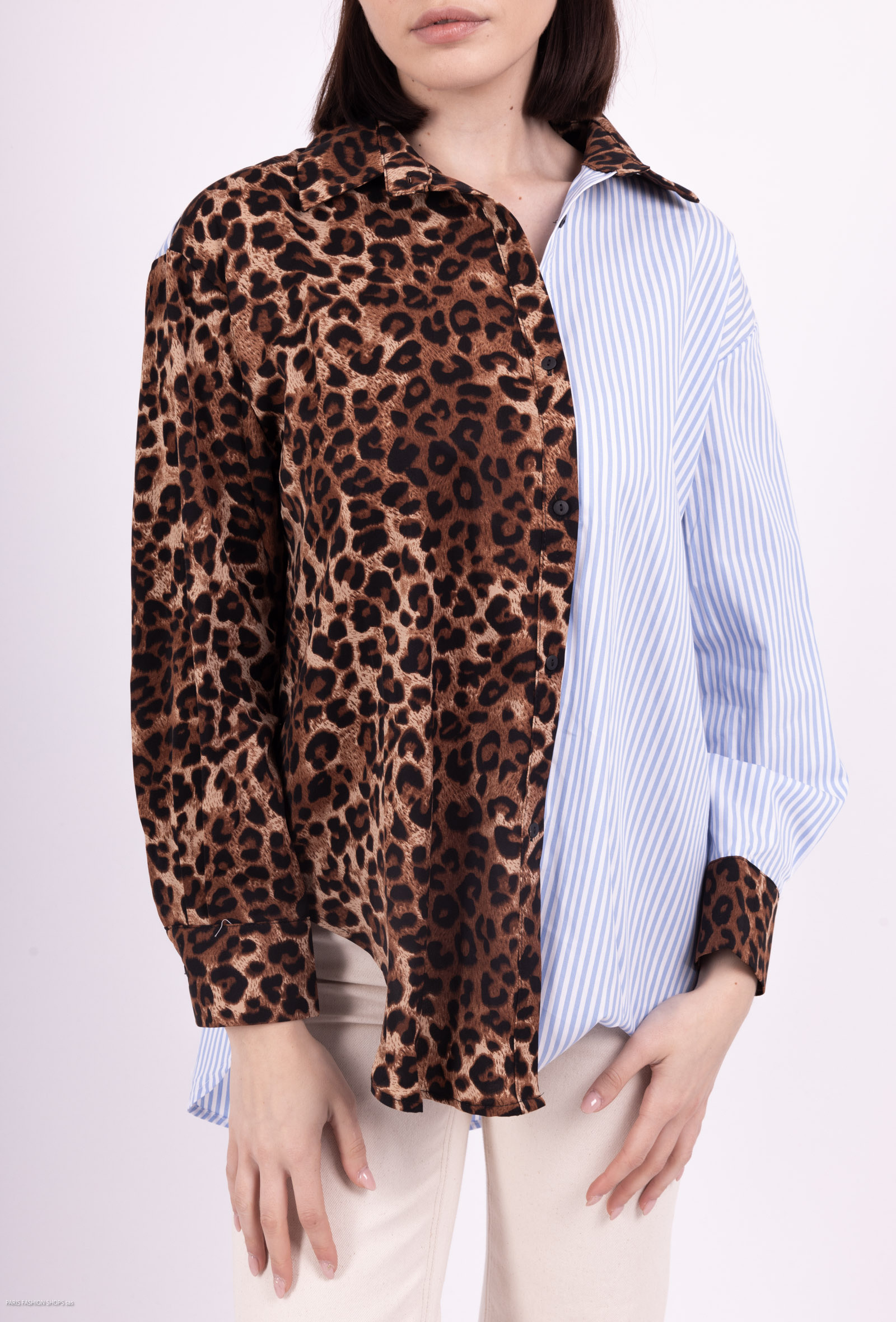 Grossiste LUZABELLE - Chemise rayure bi matiere leopard