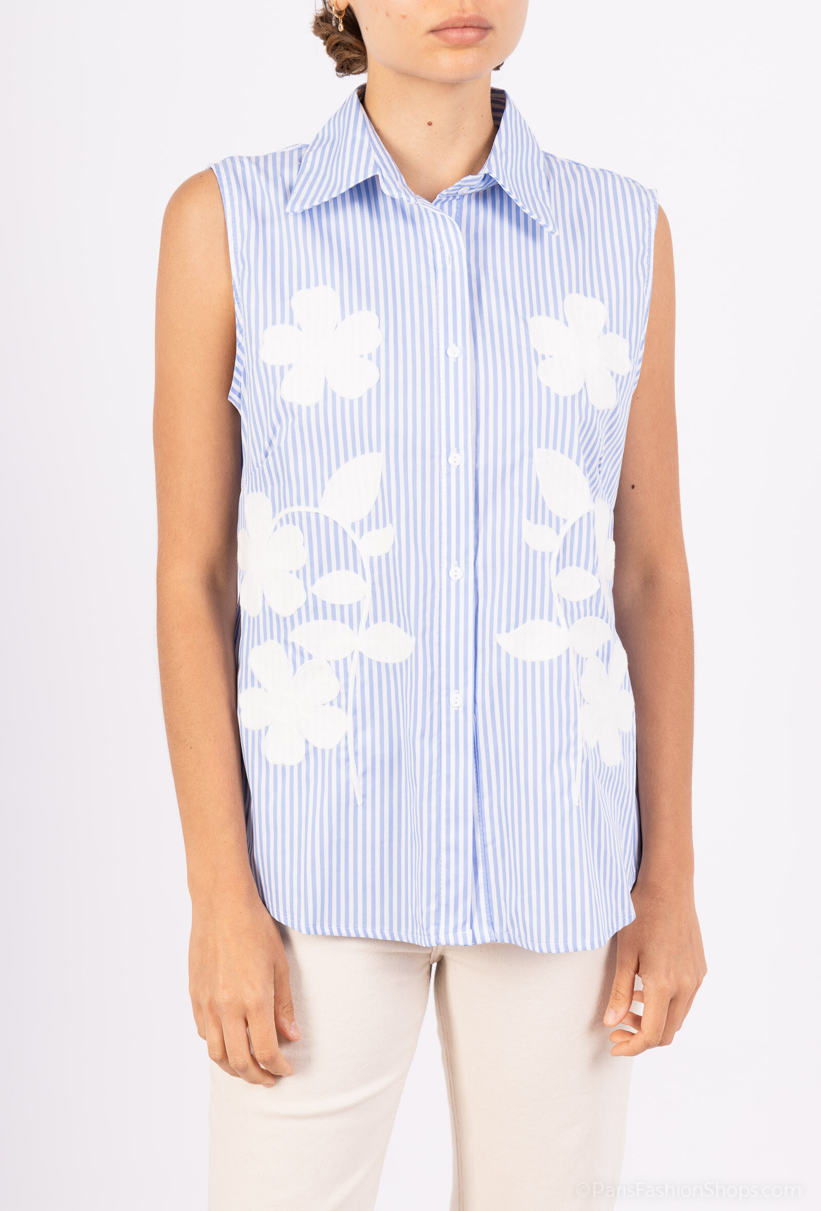 Grossiste LUZABELLE - Chemise coton rayée brodrée en fleurs sans manches
