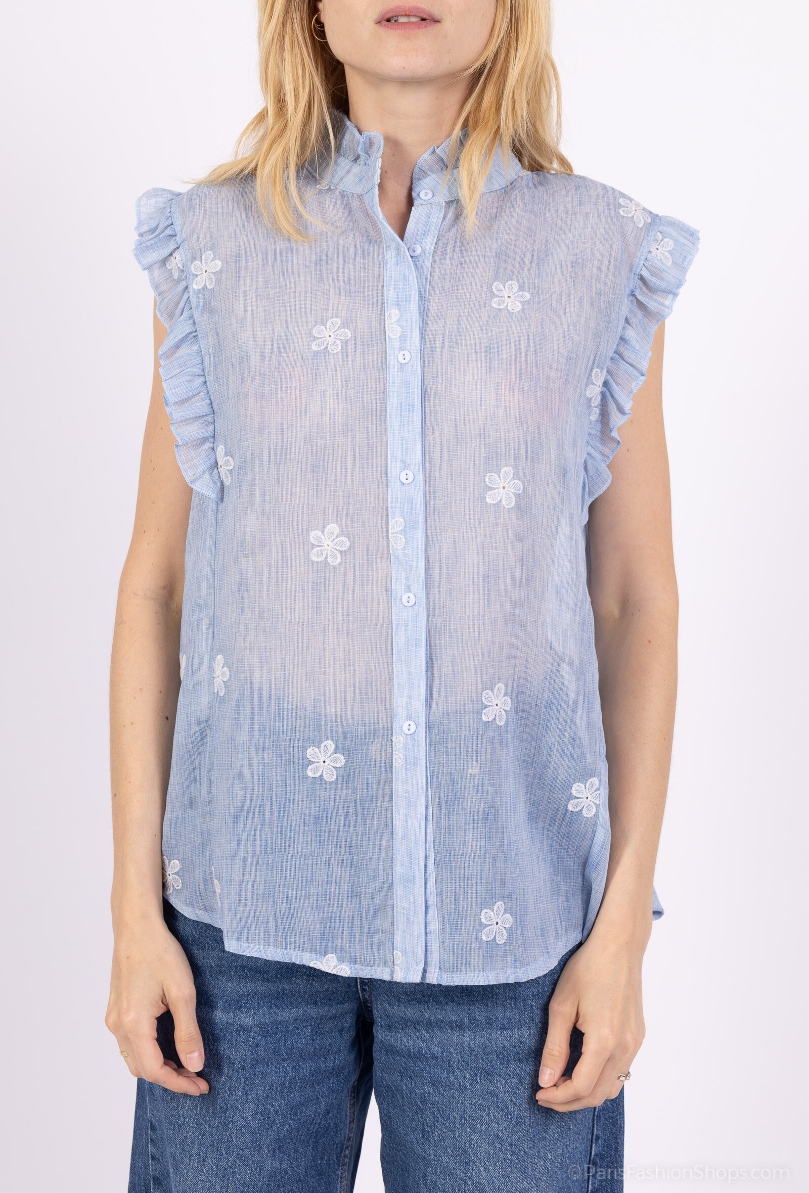 Grossiste LUZABELLE - T Shirt Brodée évasée Chic Et Elegant Lin Été