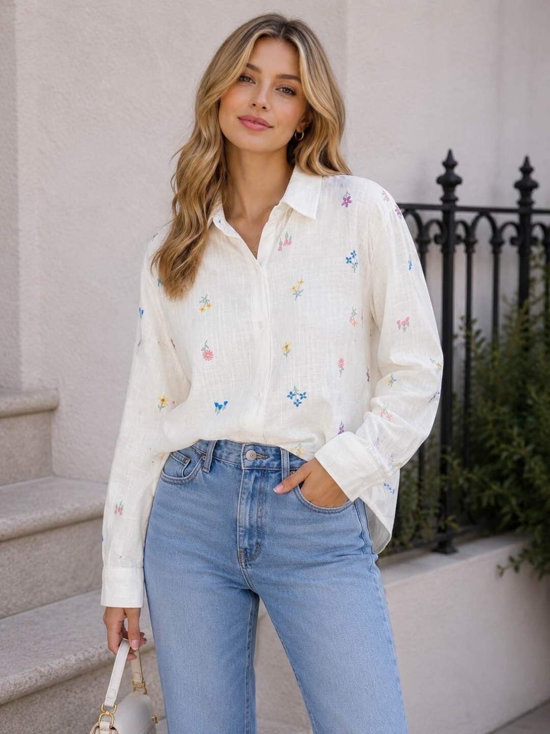 Wholesaler LUZABELLE Paris - Oversized Shirt with Multicolored Flower Embroidery