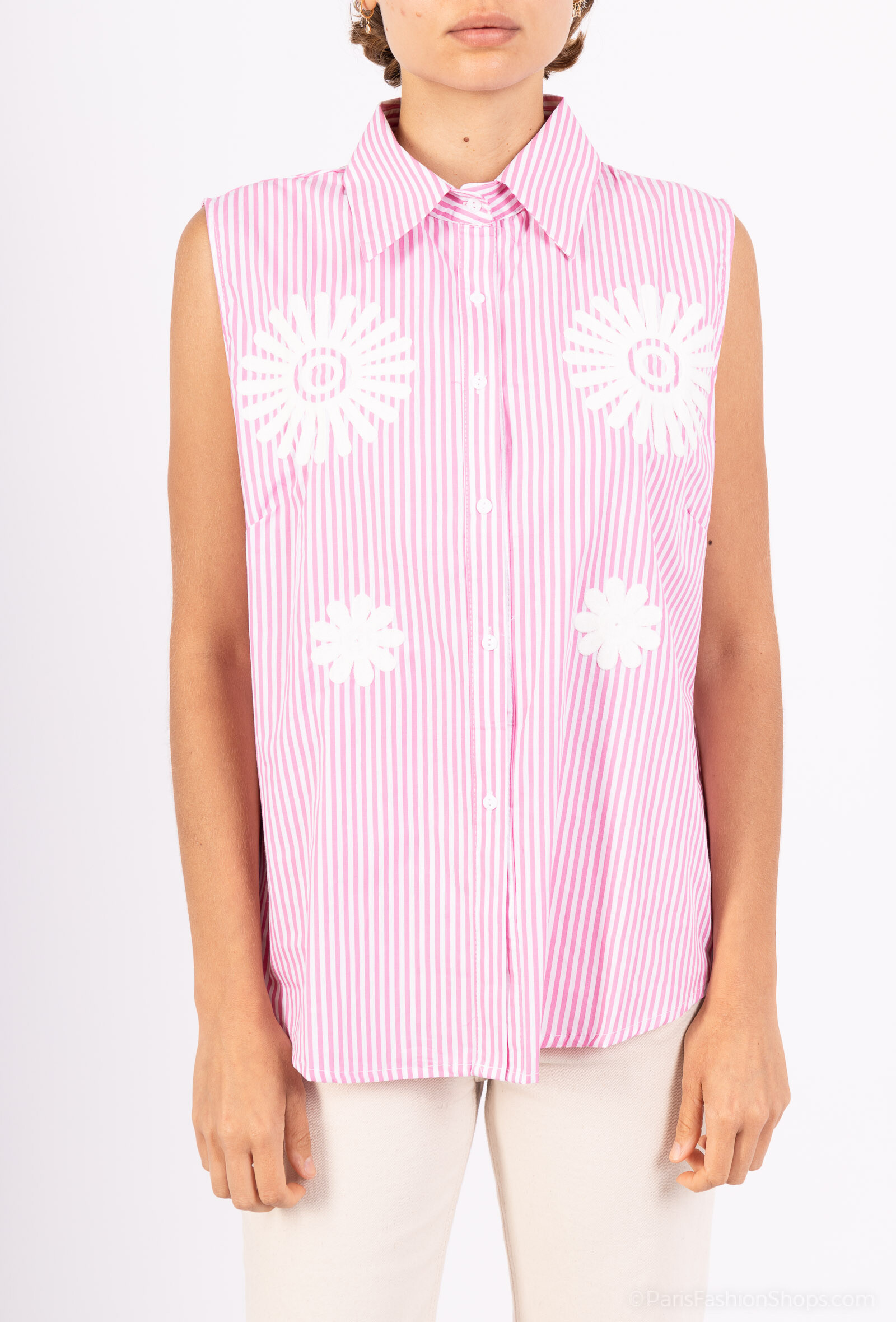 Grossiste LUZABELLE - Chemise coton rayée brodée en fleurs sans manches