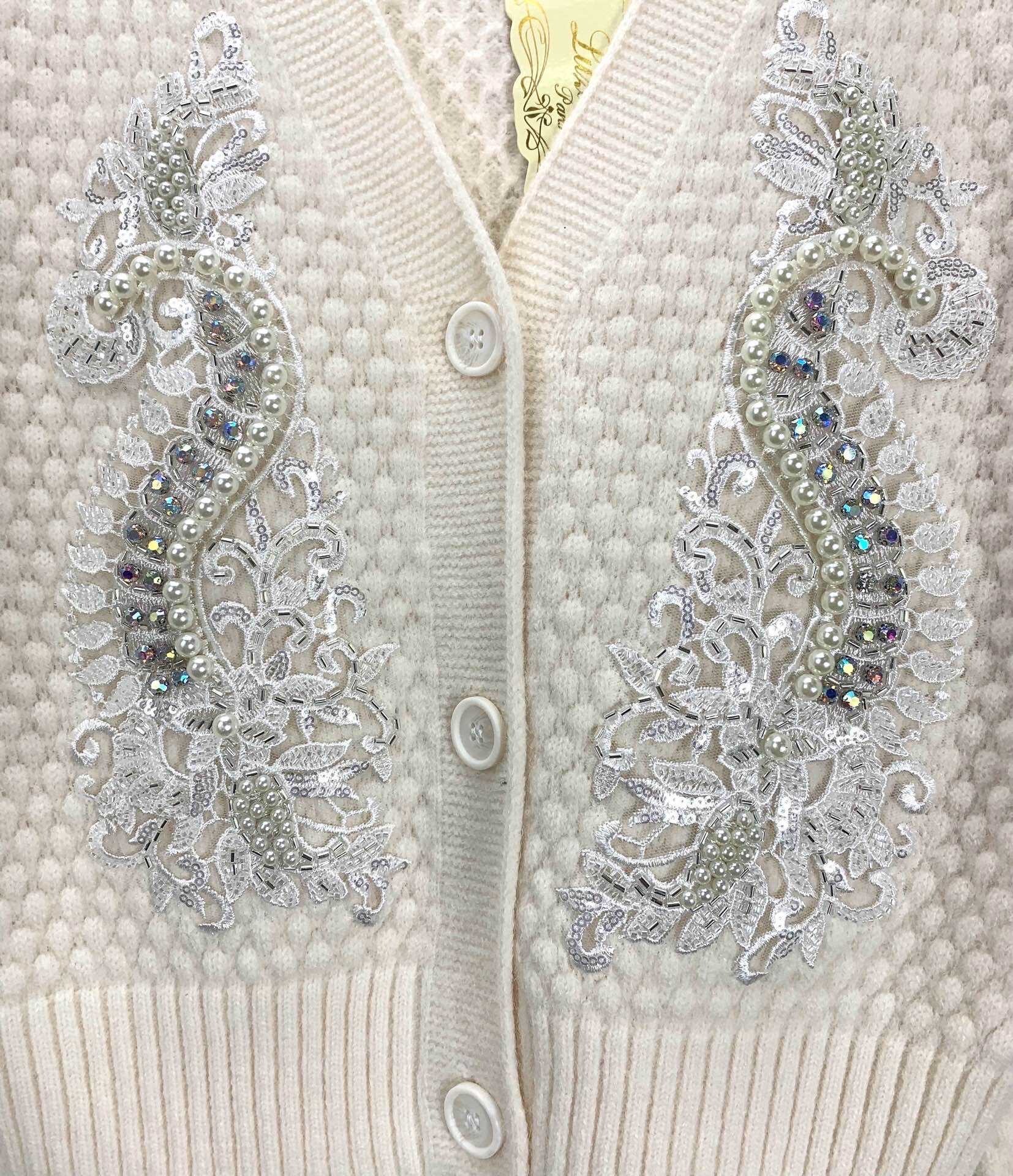 Camel textured knit cardigan with beaded embroidery | Paris 