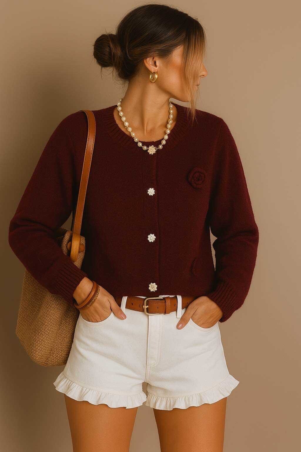 Grossiste LUZABELLE - Cardigan bordeaux à boutons fleur et broderie ton sur ton