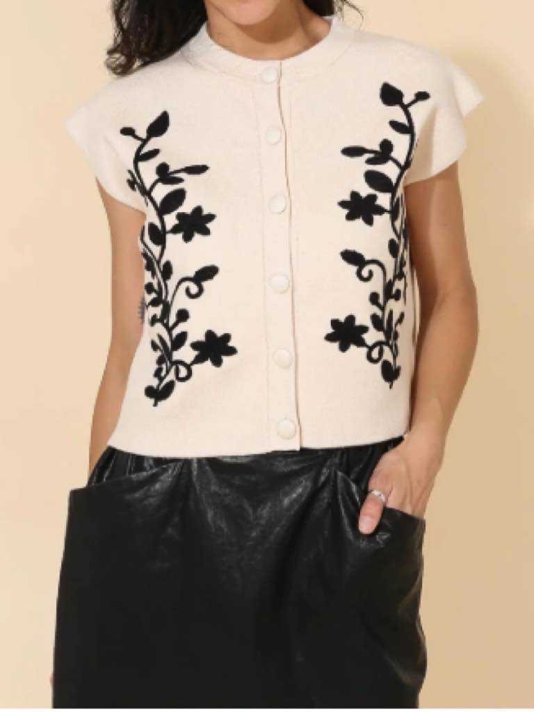 Grossiste LUZABELLE - Gilet Sans Manches Brodé Fleurs Noir & Écru