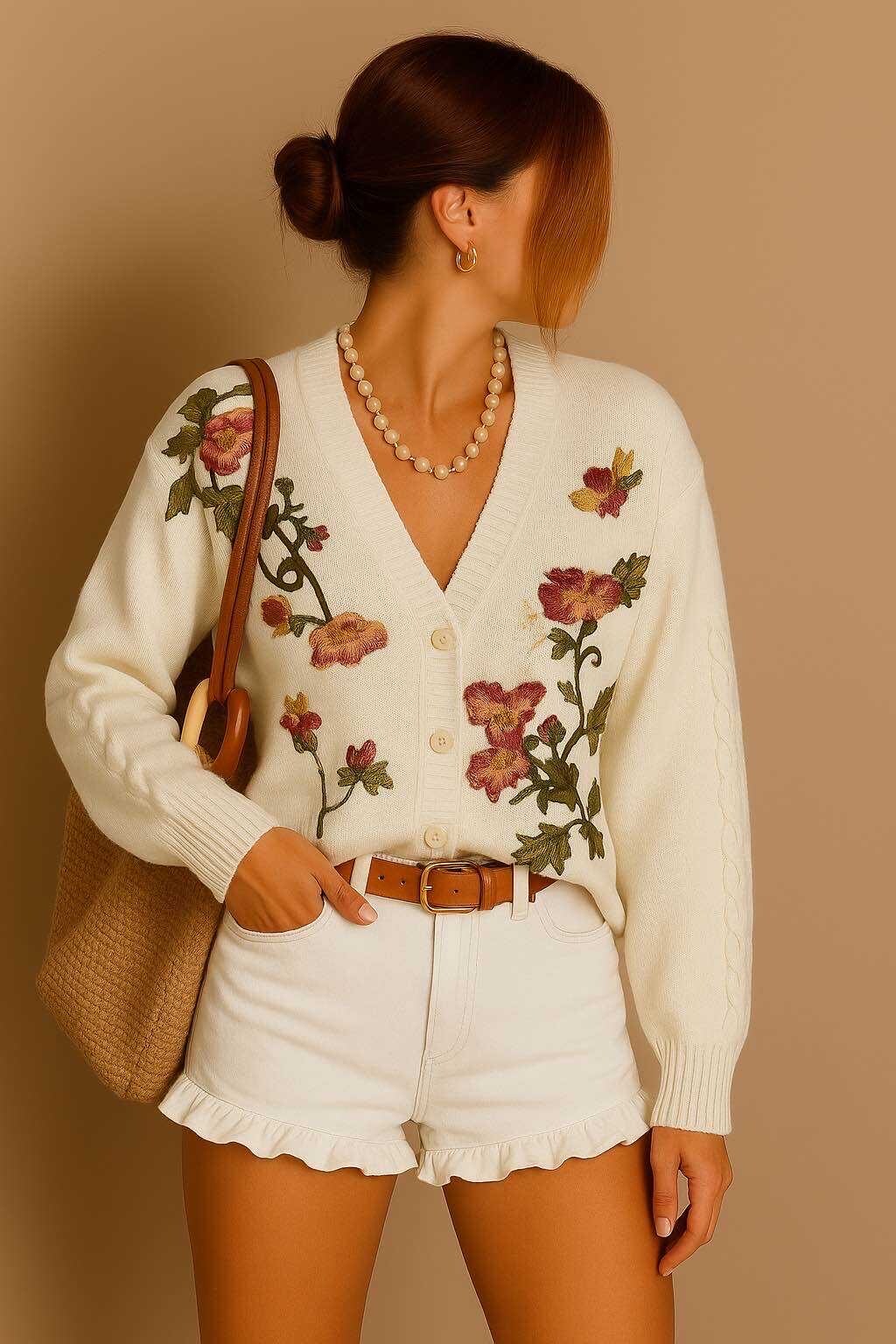 Grossiste LUZABELLE Paris - Cardigan en maille crème avec broderie florale vintage