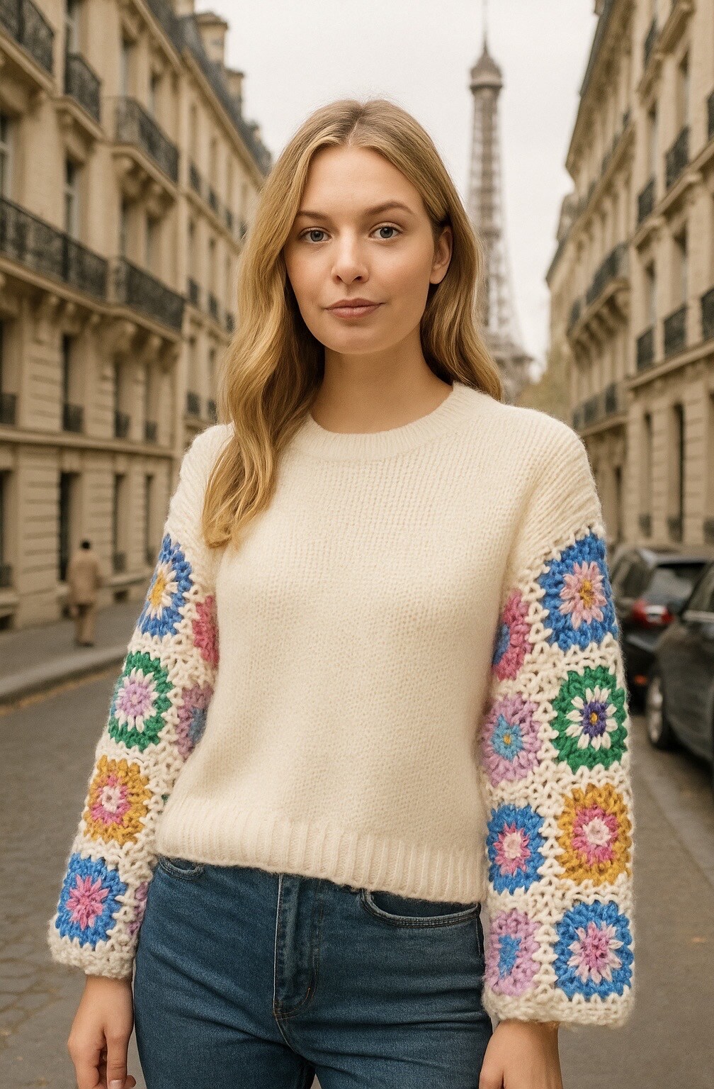 Grossiste LUZABELLE - Pull noir à manches crochet multicolores – Collection Paris Bohème
